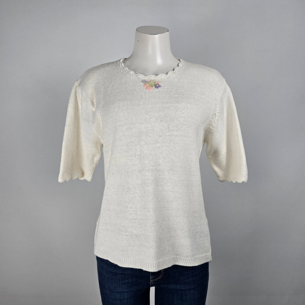 Vintage Sears Cream Floral Embroidered Short Sleeve Knit Sweater Size 12